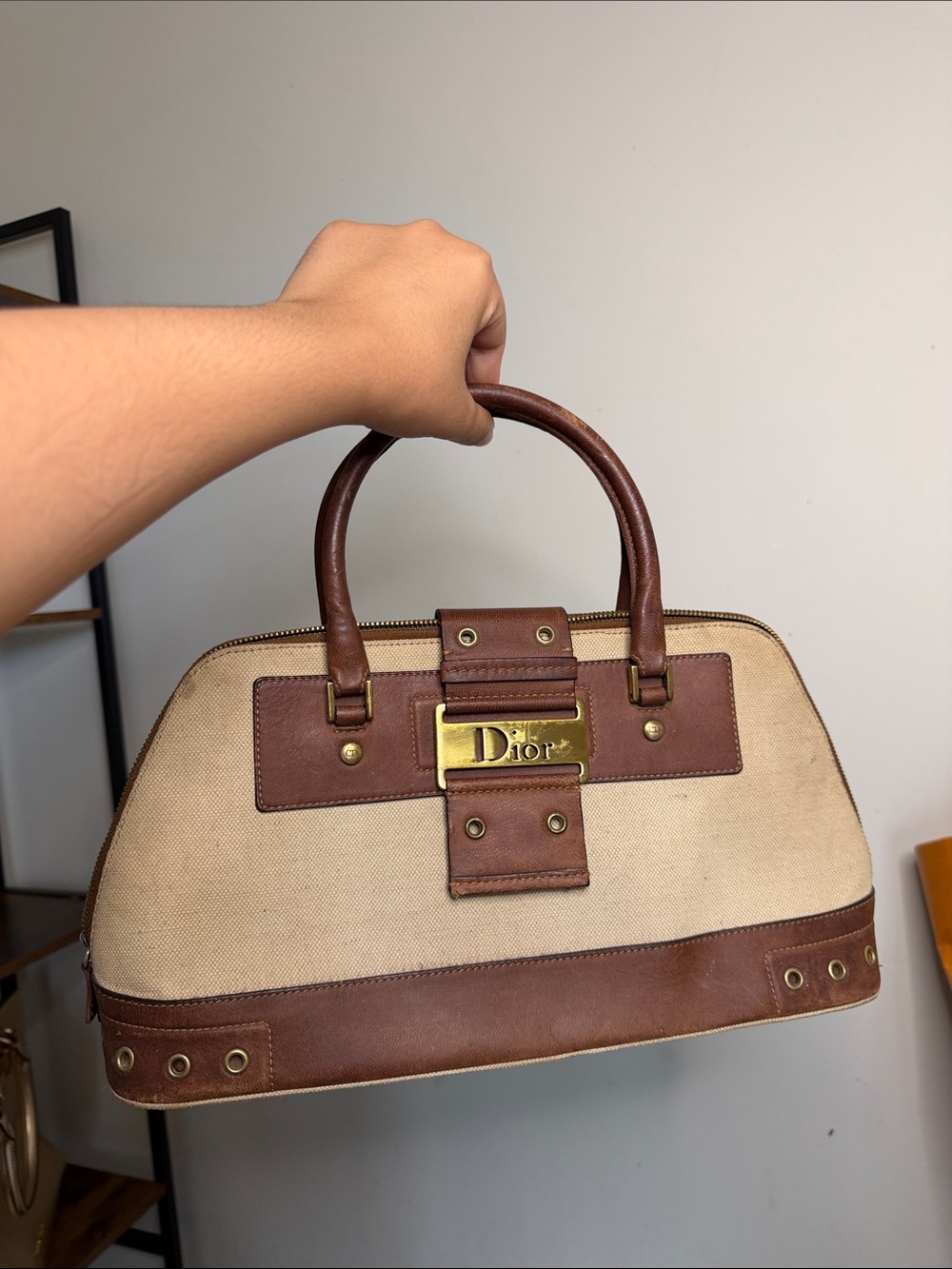 Dior Cream Canvas and Brown Leather Satchel with Gold Plate